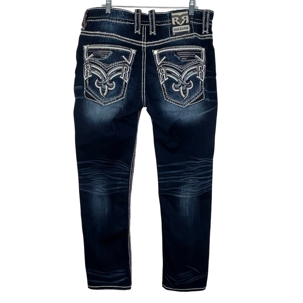 Rock Revival Hansel Straight Leg Jeans 36 Men Dark Wash Fleur De Lis Embroidered